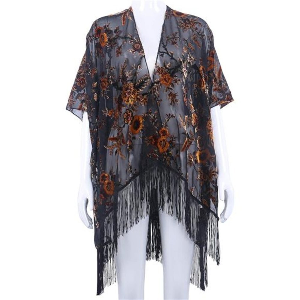 Black Burnout Velvet Floral Print Fringe Kimono Cardigan Shawl Poncho Cover Up 1